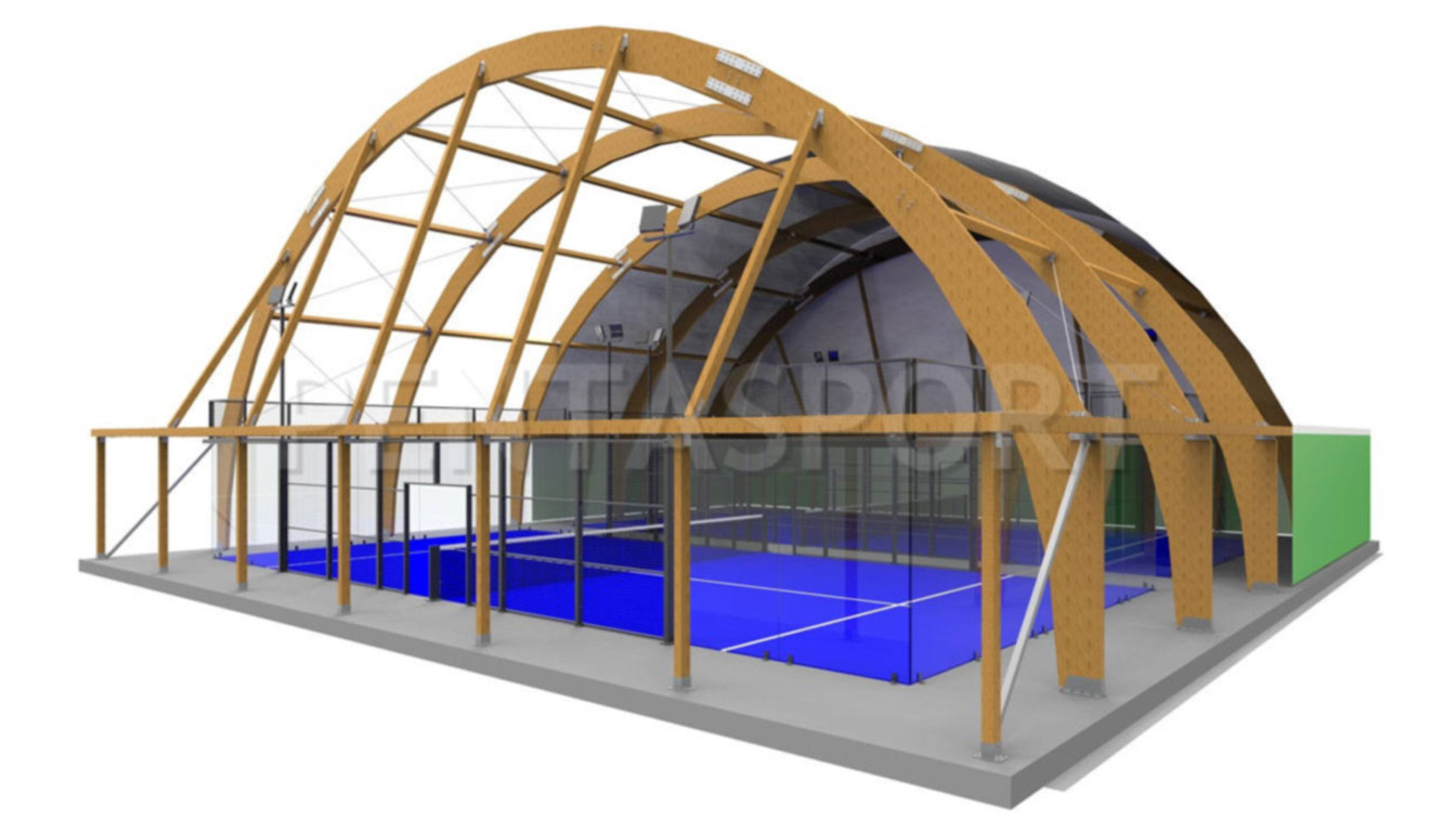 Struttura di una tendo copertura con scheletro in legno lamellare per campi da padel